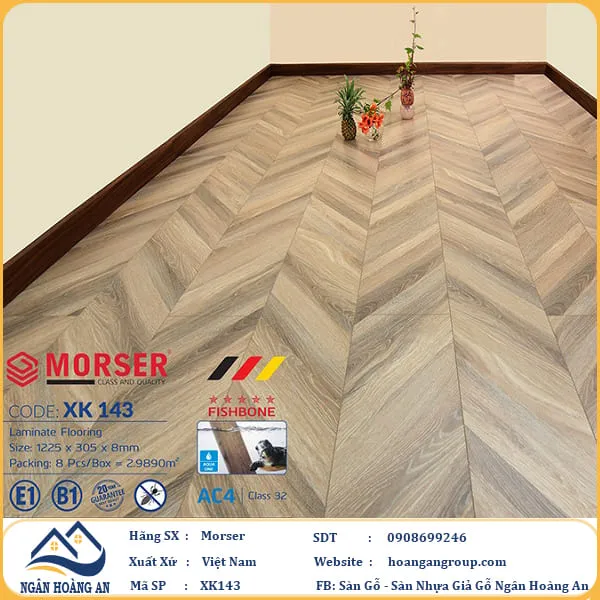 Sàn Gỗ Công Nghiệp Morser Vân Xương Cá 3D Cốt Xanh 8mm XK 143